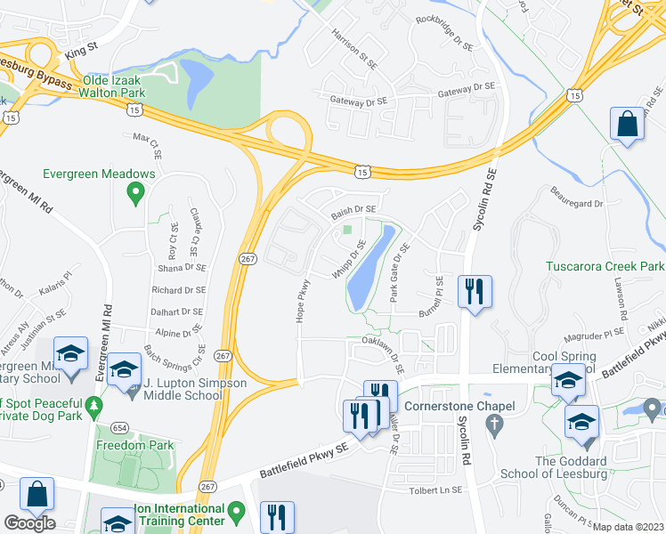 map of restaurants, bars, coffee shops, grocery stores, and more near 503 Morrissett Court Southeast in Leesburg