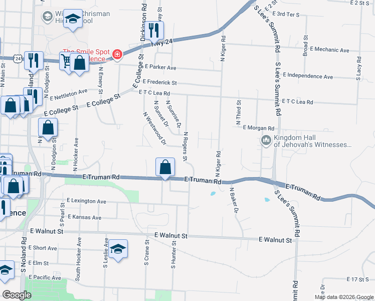 map of restaurants, bars, coffee shops, grocery stores, and more near 401 North Rogers Street in Independence