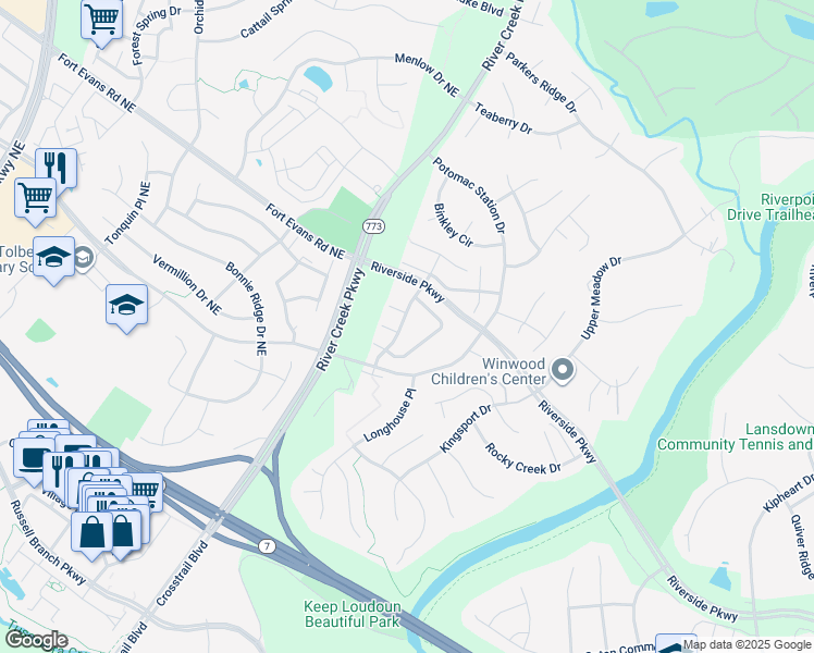 map of restaurants, bars, coffee shops, grocery stores, and more near 18828 Silverwood Terrace in Leesburg