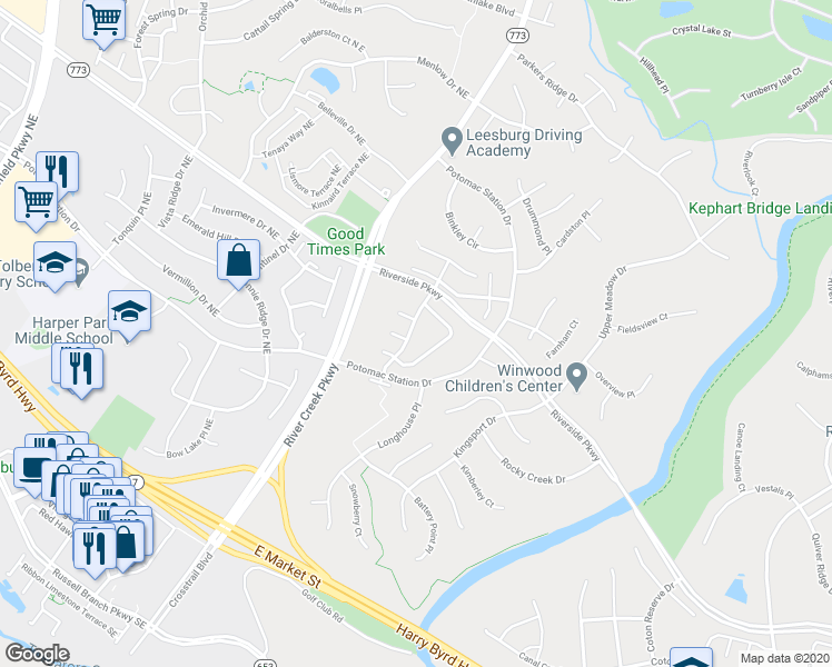map of restaurants, bars, coffee shops, grocery stores, and more near 18828 Silverwood Terrace in Leesburg