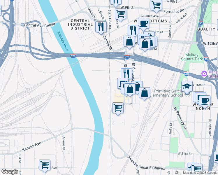 map of restaurants, bars, coffee shops, grocery stores, and more near 200 South James Street in Kansas City