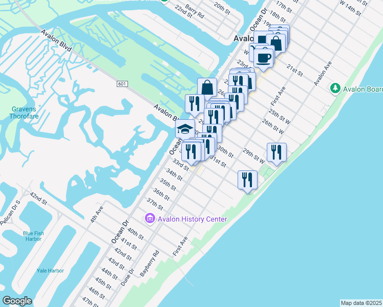 map of restaurants, bars, coffee shops, grocery stores, and more near 235 32nd Street in Avalon