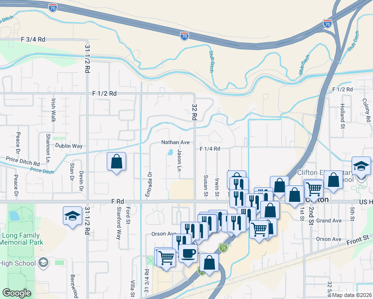 map of restaurants, bars, coffee shops, grocery stores, and more near 3196 Paulson Court in Grand Junction
