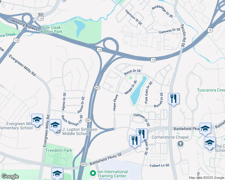 map of restaurants, bars, coffee shops, grocery stores, and more near 512 Sunset View Terrace Southeast in Leesburg