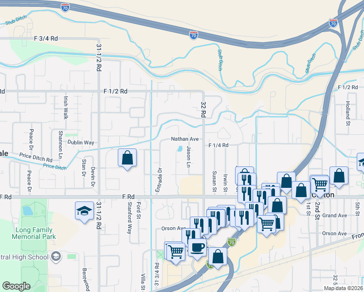 map of restaurants, bars, coffee shops, grocery stores, and more near 3186 Nathan Avenue in Grand Junction