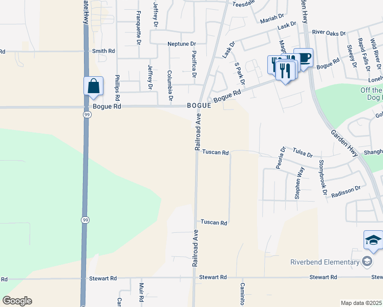 map of restaurants, bars, coffee shops, grocery stores, and more near 2125 Railroad Ave in Yuba City