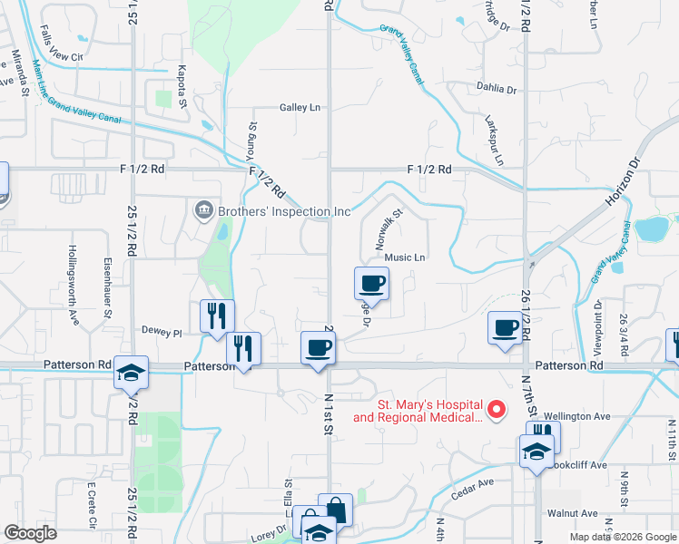 map of restaurants, bars, coffee shops, grocery stores, and more near 3313 Northridge Drive in Grand Junction