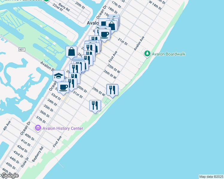 map of restaurants, bars, coffee shops, grocery stores, and more near 10 27th Street in Avalon