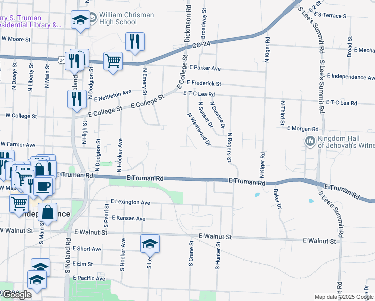 map of restaurants, bars, coffee shops, grocery stores, and more near 604 North Westwood Court in Independence