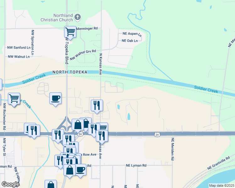 map of restaurants, bars, coffee shops, grocery stores, and more near 172 Coachlight Drive in Topeka