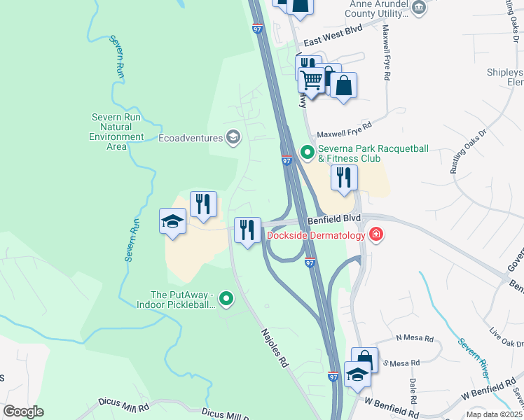 map of restaurants, bars, coffee shops, grocery stores, and more near 231 Najoles Road in Millersville