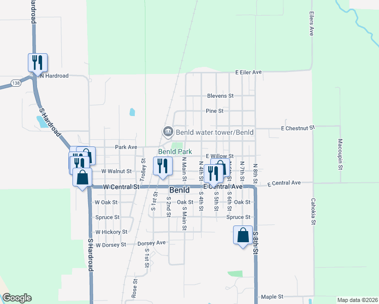 map of restaurants, bars, coffee shops, grocery stores, and more near 213 East Locust Street in Benld