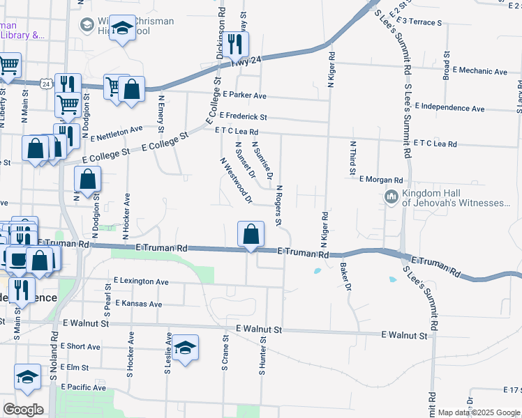 map of restaurants, bars, coffee shops, grocery stores, and more near 504 North Westwood Drive in Independence