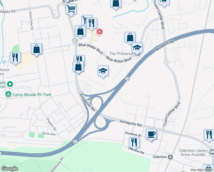map of restaurants, bars, coffee shops, grocery stores, and more near 1454 Berger Street in Odenton