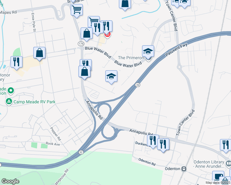 map of restaurants, bars, coffee shops, grocery stores, and more near 1454 Berger Street in Odenton