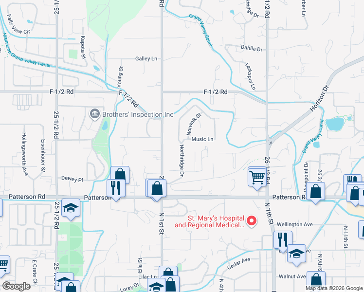 map of restaurants, bars, coffee shops, grocery stores, and more near 3225 Northridge Drive in Grand Junction