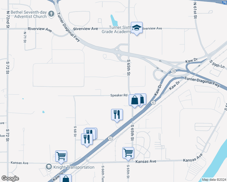 map of restaurants, bars, coffee shops, grocery stores, and more near 6600 Speaker Road in Kansas City