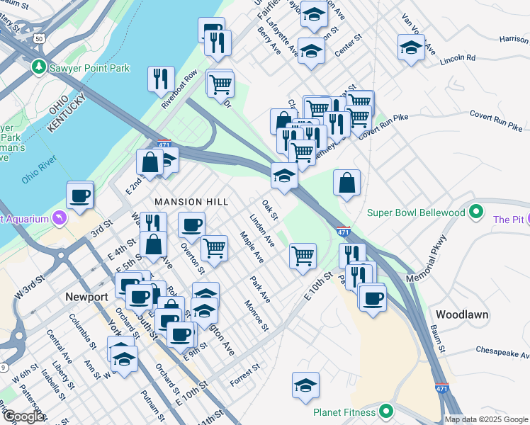 map of restaurants, bars, coffee shops, grocery stores, and more near 609 Oak Street in Newport
