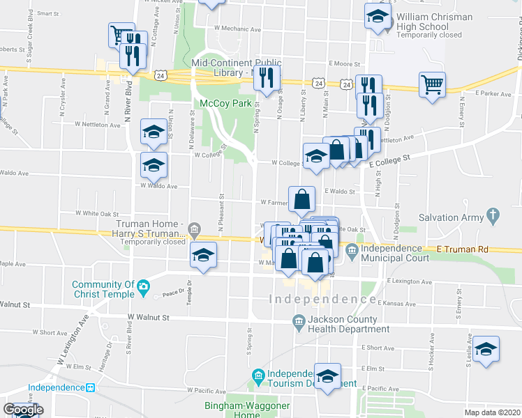 map of restaurants, bars, coffee shops, grocery stores, and more near 314 West Farmer Avenue in Independence