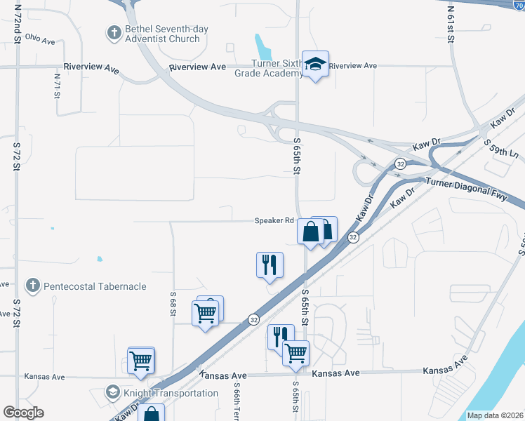 map of restaurants, bars, coffee shops, grocery stores, and more near 120 South 65th Street in Kansas City