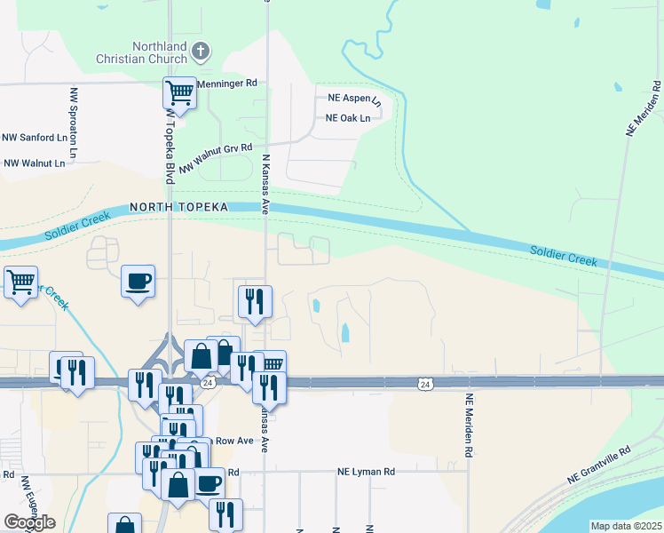 map of restaurants, bars, coffee shops, grocery stores, and more near 126 Coachlight Drive in Topeka