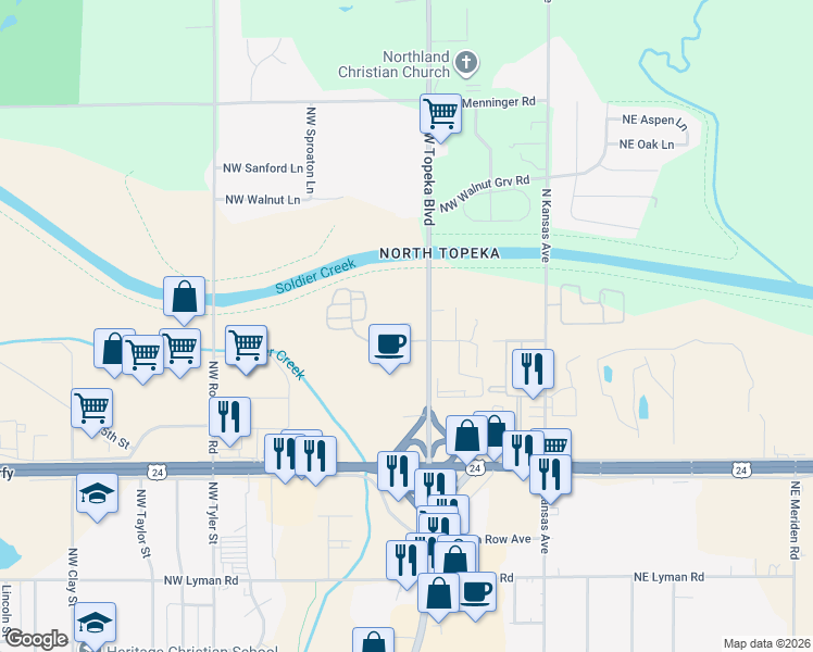 map of restaurants, bars, coffee shops, grocery stores, and more near 2715 NW Topeka Blvd in Topeka