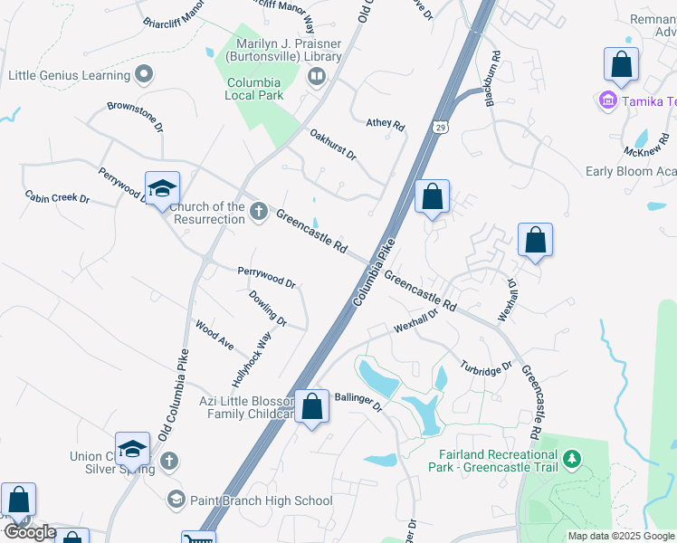 map of restaurants, bars, coffee shops, grocery stores, and more near 3415 Greencastle Road in Burtonsville