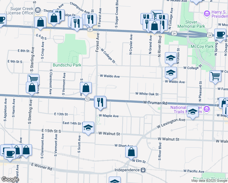 map of restaurants, bars, coffee shops, grocery stores, and more near 1500 West White Oak Street in Independence