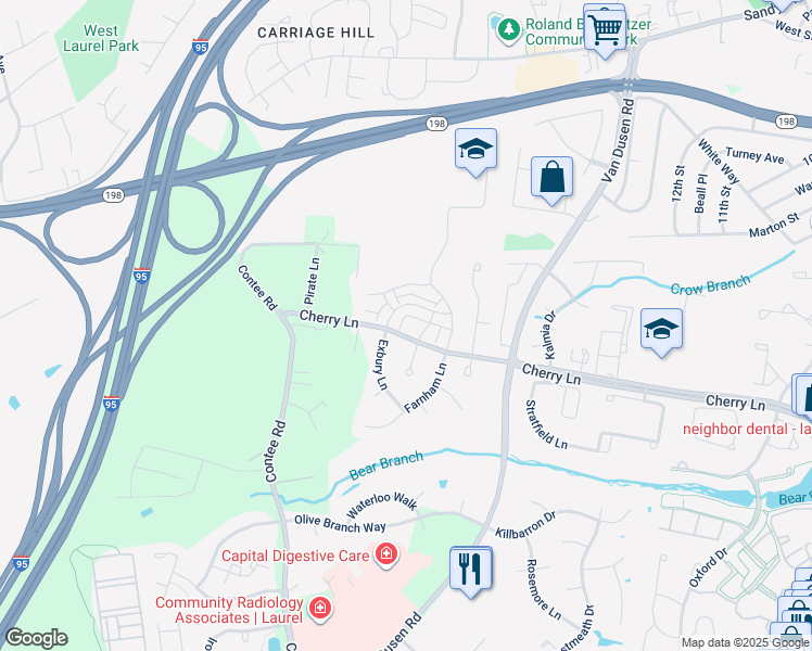map of restaurants, bars, coffee shops, grocery stores, and more near 14806 Hardcastle Street in Laurel