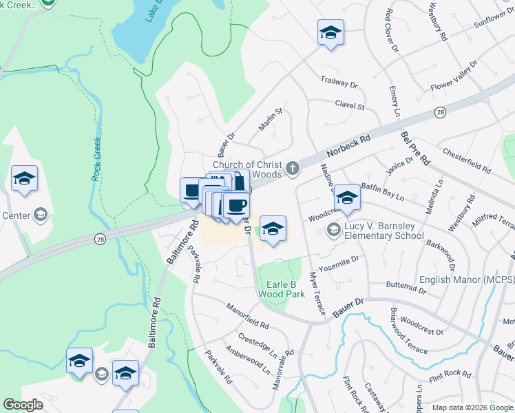 map of restaurants, bars, coffee shops, grocery stores, and more near 14635 Bauer Drive in Rockville