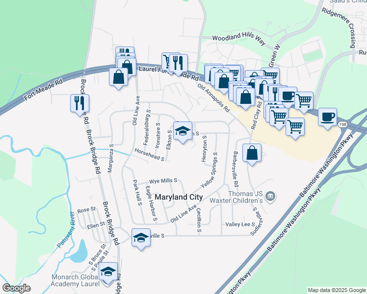map of restaurants, bars, coffee shops, grocery stores, and more near 3359 Crumpton S in Maryland City