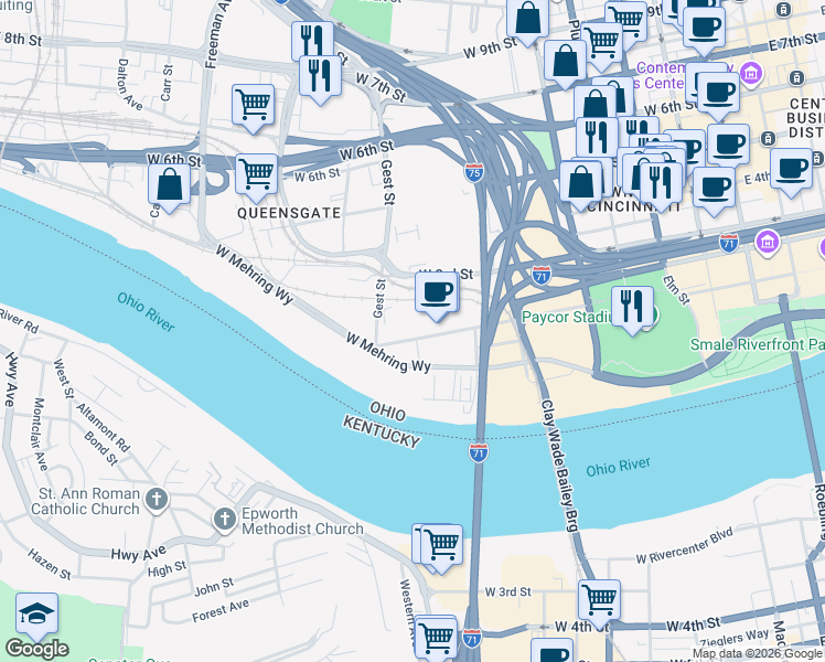 map of restaurants, bars, coffee shops, grocery stores, and more near 700 West Pete Rose Way in Cincinnati