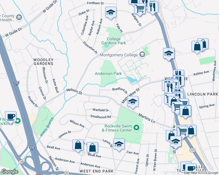 map of restaurants, bars, coffee shops, grocery stores, and more near 523 Bradford Drive in Rockville