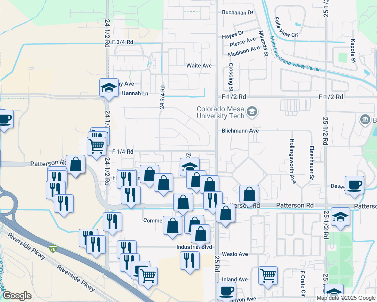 map of restaurants, bars, coffee shops, grocery stores, and more near Devils Thumb Drive in Grand Junction