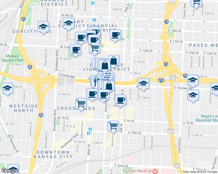 map of restaurants, bars, coffee shops, grocery stores, and more near 1457 Grand Boulevard in Kansas City