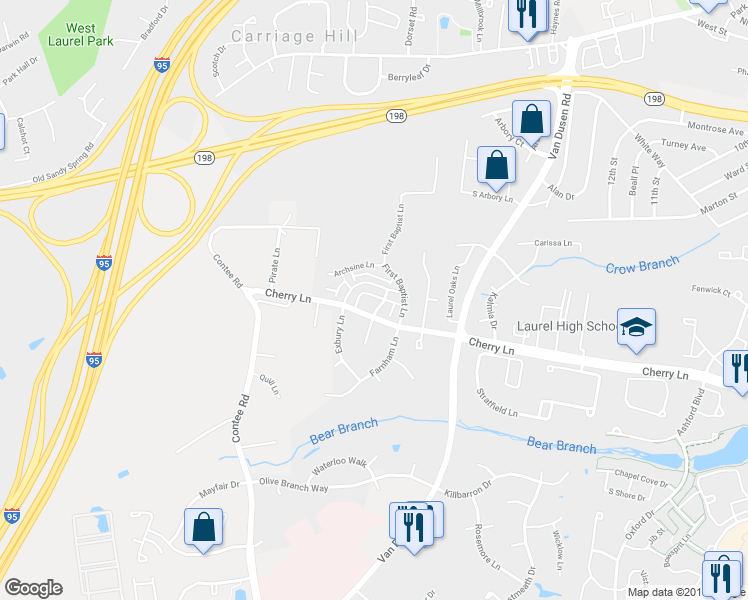 map of restaurants, bars, coffee shops, grocery stores, and more near 14820 Hardcastle Street in Laurel
