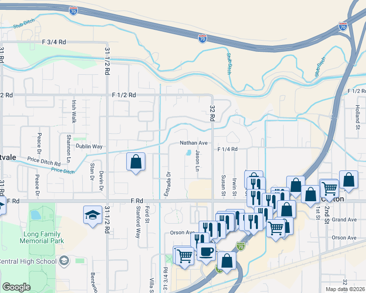 map of restaurants, bars, coffee shops, grocery stores, and more near 3186 Nathan Avenue in Grand Junction