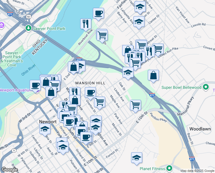 map of restaurants, bars, coffee shops, grocery stores, and more near 650 Nelson Place in Newport