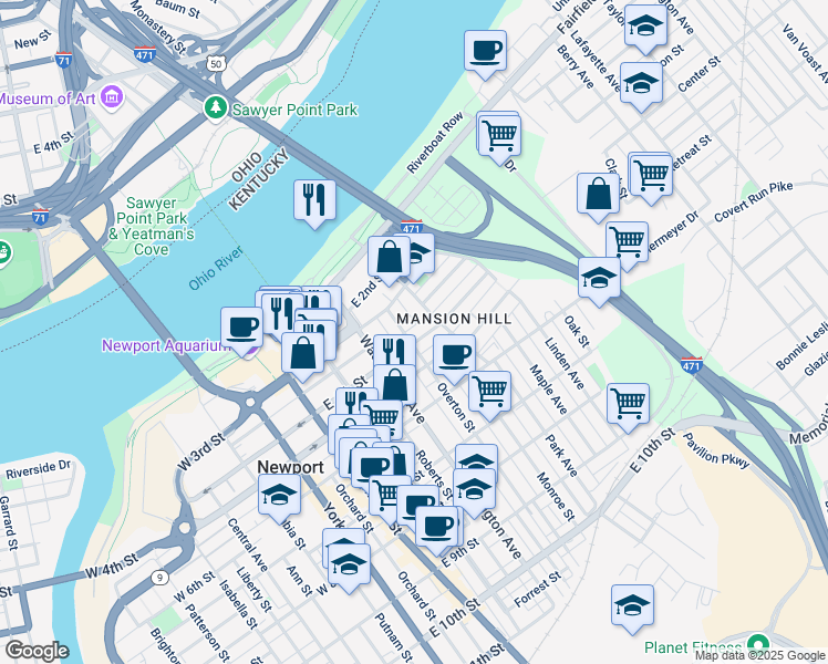 map of restaurants, bars, coffee shops, grocery stores, and more near 328 Park Avenue in Newport