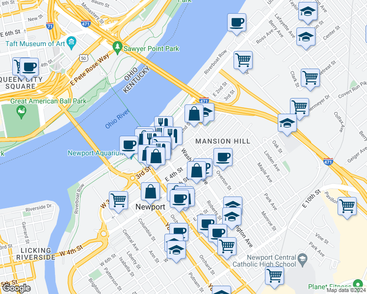 map of restaurants, bars, coffee shops, grocery stores, and more near 305 3rd Street in Newport