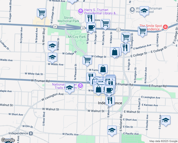 map of restaurants, bars, coffee shops, grocery stores, and more near 314 West Farmer Avenue in Independence