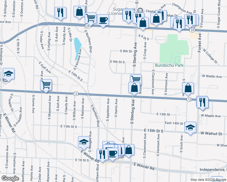 map of restaurants, bars, coffee shops, grocery stores, and more near 10800 Missouri 12 in Independence