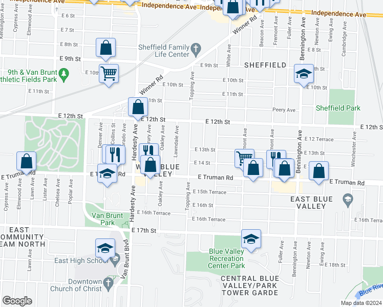 map of restaurants, bars, coffee shops, grocery stores, and more near 1242 Topping Avenue in Kansas City
