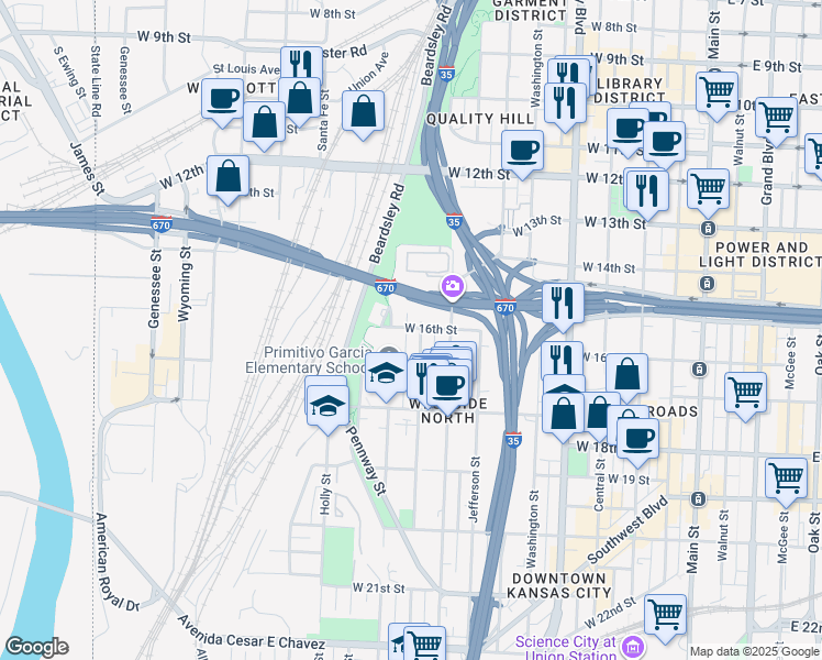 map of restaurants, bars, coffee shops, grocery stores, and more near 1432 Madison Avenue in Kansas City
