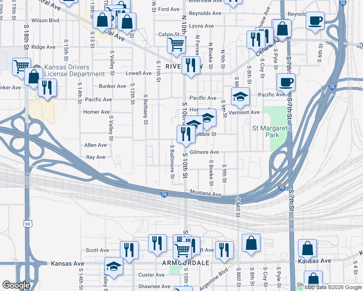 map of restaurants, bars, coffee shops, grocery stores, and more near in Kansas City