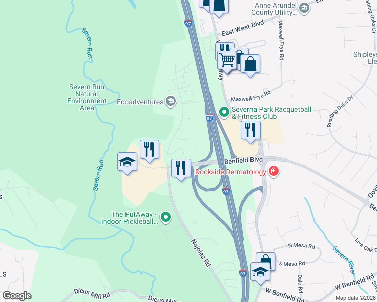 map of restaurants, bars, coffee shops, grocery stores, and more near 231 Najoles Road in Millersville