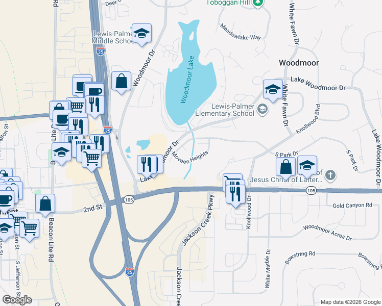 map of restaurants, bars, coffee shops, grocery stores, and more near 1497 Wishing Well in Monument