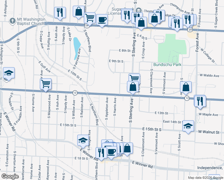 map of restaurants, bars, coffee shops, grocery stores, and more near 10800 Missouri 12 in Independence
