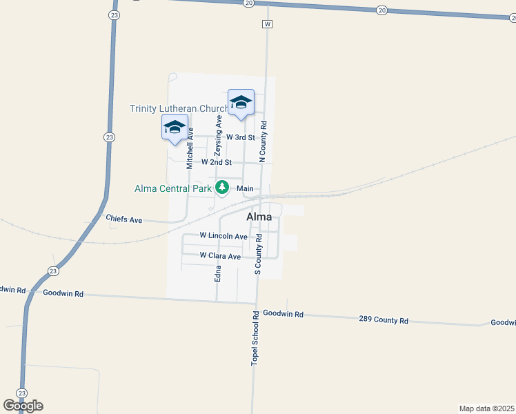 map of restaurants, bars, coffee shops, grocery stores, and more near 106 South County Road in Alma