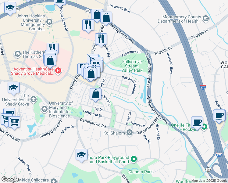 map of restaurants, bars, coffee shops, grocery stores, and more near 817 Oak Knoll Terrace in Rockville